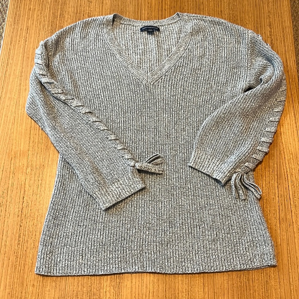 American Eagle V-Neck Sweater- Cotton Blend, Long Sleeves with Laces, Size M